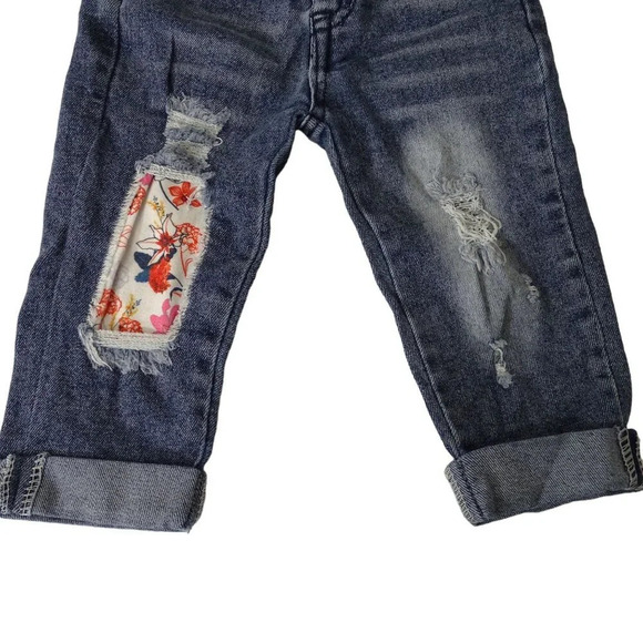 2 pc Floral Top and Ripped Jeans Outfit Set Girls Size M Adjustable Waist - Picture 2 of 7